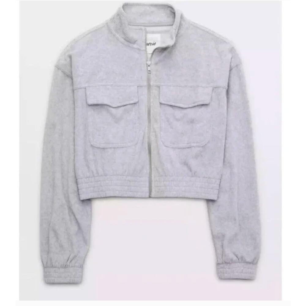 Aerie Groove On Corduroy Zip Crop Jacket Gray Utility Jacket sz S